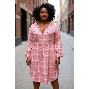 Torrid Plaid Shirt Dress Pink Size 1 Mini Roll Tab Sleeve Challis Women’s